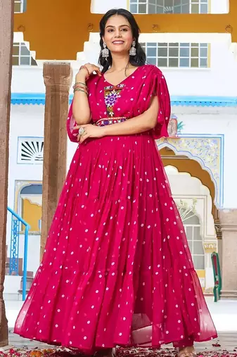 Navratri wear pink georgette bandhni print gamthi & mirror -codi lace work gown