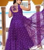 Navratri wear purple color georgette bandhni print gamthi & mirror -codi lace work gown full stitched