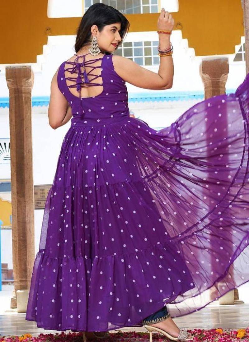 Navratri wear purple color georgette bandhni print gamthi & mirror -codi lace work gown full stitched