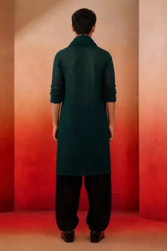 Boys bottle green georgette self-texture kurta patiala set