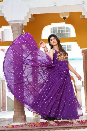 Navratri wear purple georgette bandhni print gamthi & mirror -codi lace work gown