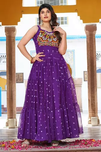 Navratri wear purple georgette bandhni print gamthi & mirror -codi lace work gown