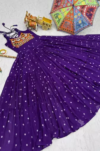 Navratri wear purple georgette bandhni print gamthi & mirror -codi lace work gown