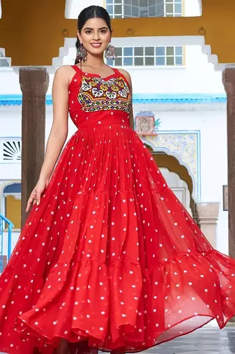 Navratri wear red georgette bandhni print gamthi & mirror -codi lace work gown