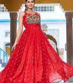 Navratri wear red color georgette bandhni print gamthi & mirror -codi lace work gown full stitched