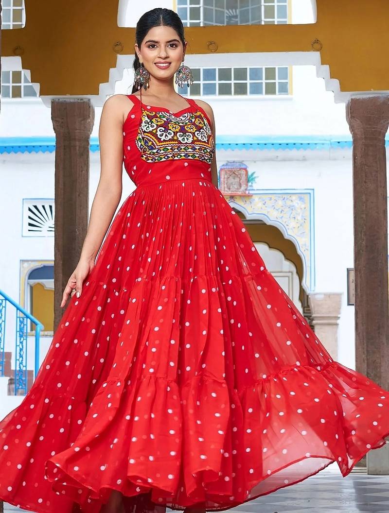 Navratri wear red color georgette bandhni print gamthi & mirror -codi lace work gown full stitched