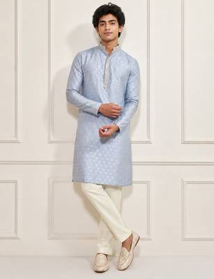 Boys aqua silk blend jacquard kurta pyjama set 1