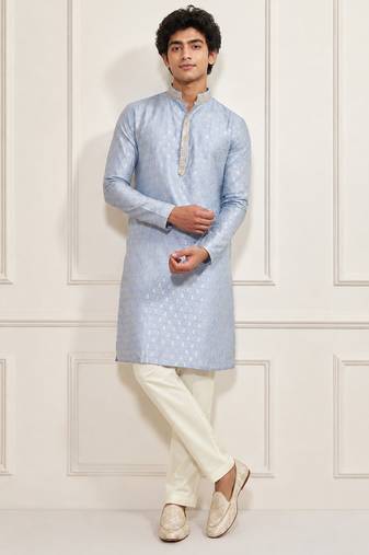 Boys aqua silk blend jacquard kurta pyjama set