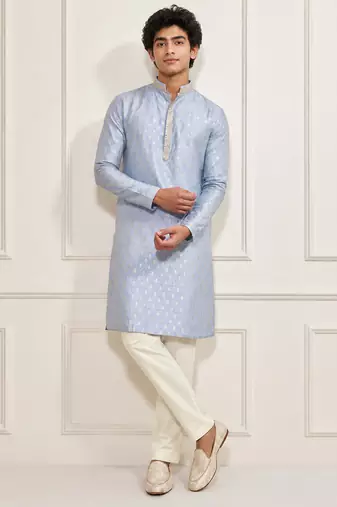 Boys aqua silk blend jacquard kurta pyjama set