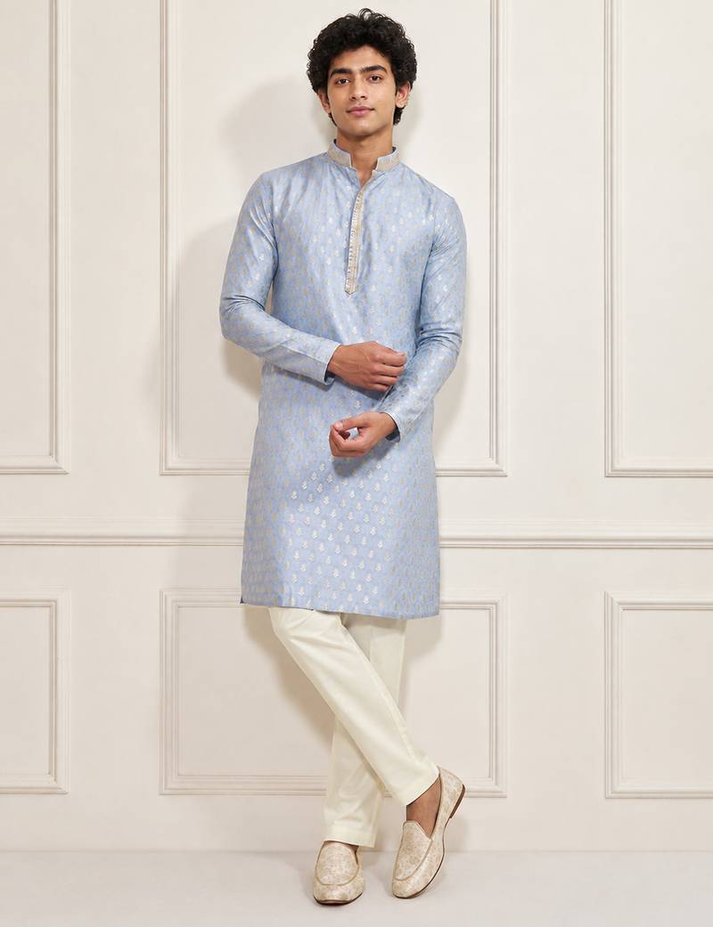 Boys aqua silk blend jacquard kurta pyjama set