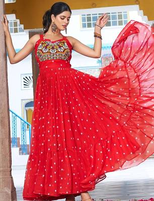 Navratri wear red georgette bandhni print gamthi & mirror -codi lace work gown 2