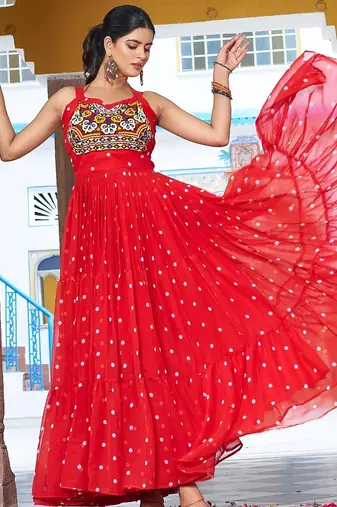 Navratri wear red georgette bandhni print gamthi & mirror -codi lace work gown