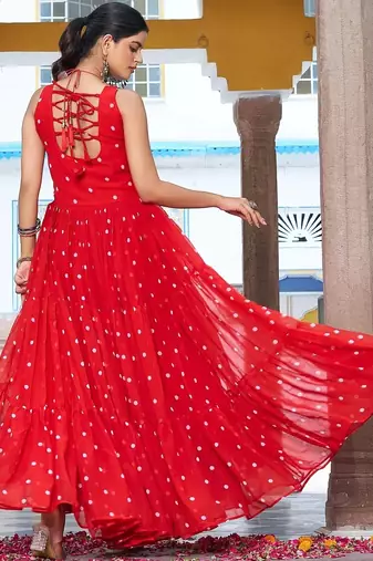 Navratri wear red georgette bandhni print gamthi & mirror -codi lace work gown