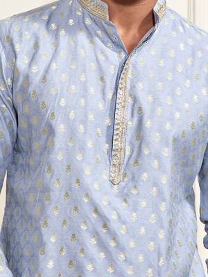 Boys aqua silk blend jacquard kurta pyjama set 2