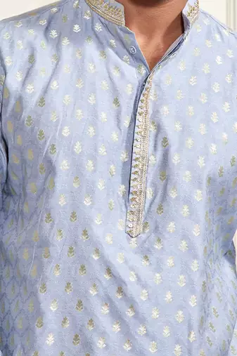 Boys aqua silk blend jacquard kurta pyjama set