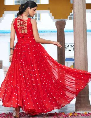 Navratri wear red georgette bandhni print gamthi & mirror -codi lace work gown 4
