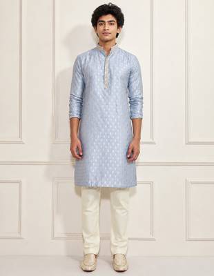 Boys aqua silk blend jacquard kurta pyjama set 3