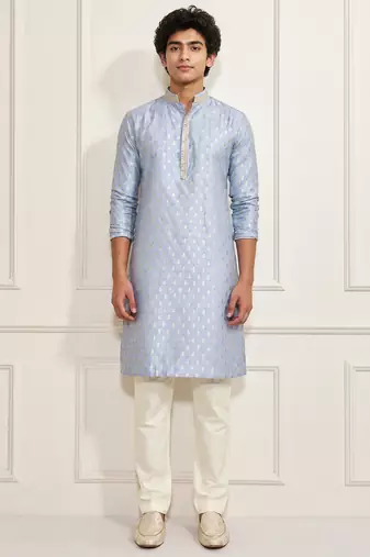 Boys aqua silk blend jacquard kurta pyjama set
