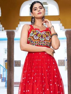 Navratri wear red georgette bandhni print gamthi & mirror -codi lace work gown 5