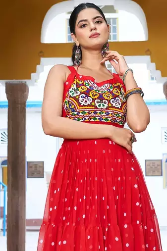 Navratri wear red georgette bandhni print gamthi & mirror -codi lace work gown