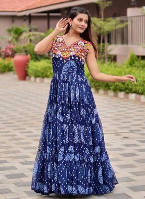 Navratri wear blue georgette printed gamthi & mirror -codi lace work gown 1