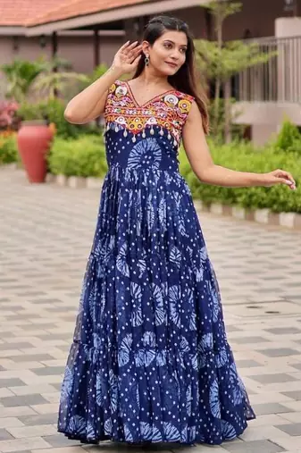 Navratri wear blue georgette printed gamthi & mirror -codi lace work gown