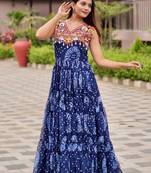 Navratri wear blue color georgette printed gamthi & mirror -codi lace work gown full stitched