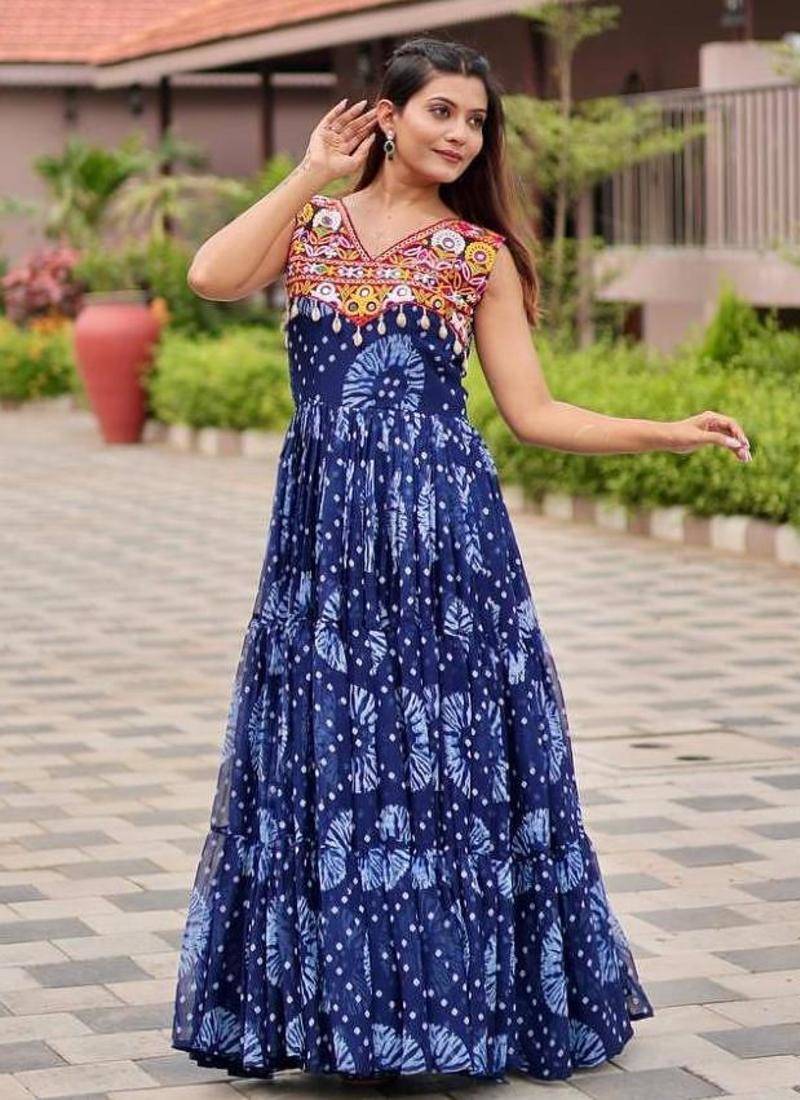 Navratri wear blue color georgette printed gamthi & mirror -codi lace work gown full stitched