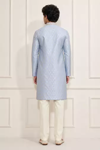 Boys aqua silk blend jacquard kurta pyjama set