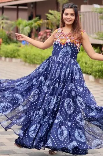 Navratri wear blue georgette printed gamthi & mirror -codi lace work gown