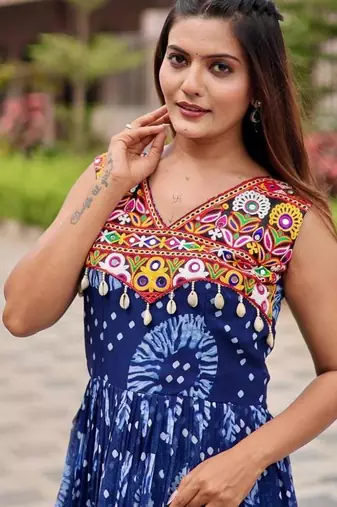 Navratri wear blue georgette printed gamthi & mirror -codi lace work gown