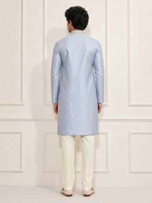 Boys aqua silk blend jacquard kurta pyjama set 5