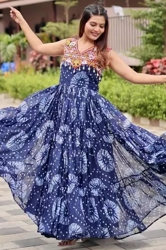 Navratri wear blue georgette printed gamthi & mirror -codi lace work gown