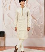 Boys cream silk blend jacquard kurta pyjama set