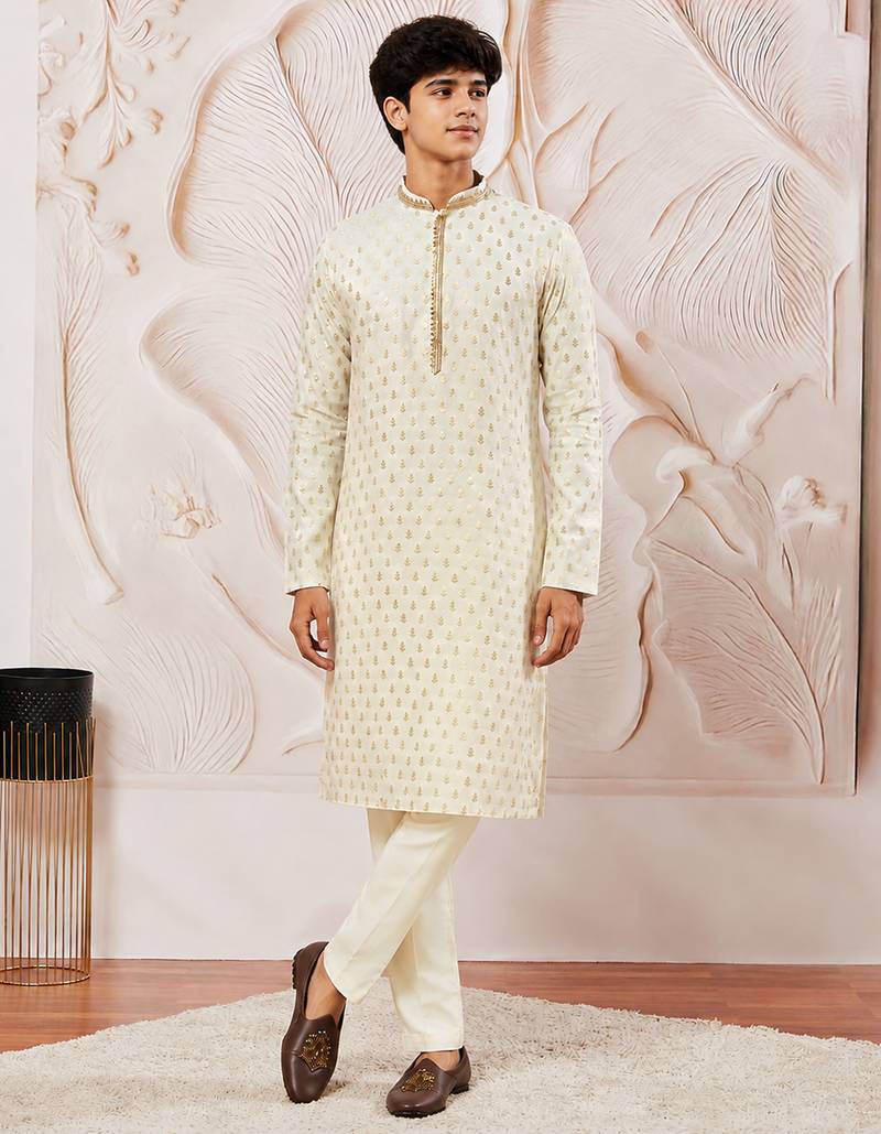 Boys cream silk blend jacquard kurta pyjama set