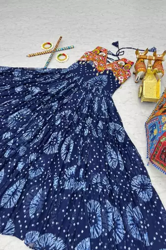 Navratri wear blue georgette printed gamthi & mirror -codi lace work gown