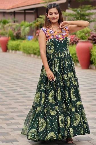 Navratri wear green georgette printed gamthi & mirror -codi lace work gown