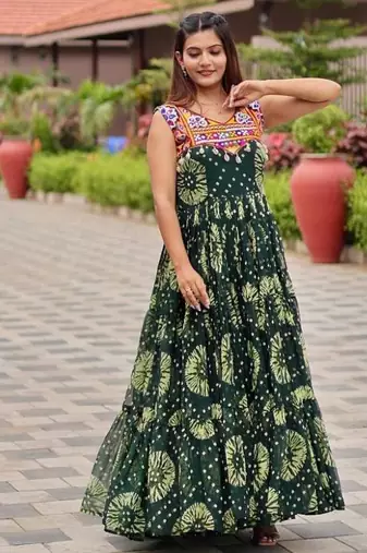 Navratri wear green georgette printed gamthi & mirror -codi lace work gown