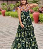 Navratri wear green color georgette printed gamthi & mirror -codi lace work gown full stitched