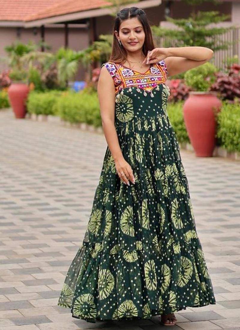 Navratri wear green color georgette printed gamthi & mirror -codi lace work gown full stitched