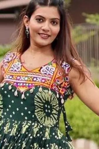 Navratri wear green georgette printed gamthi & mirror -codi lace work gown