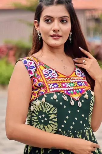 Navratri wear green georgette printed gamthi & mirror -codi lace work gown