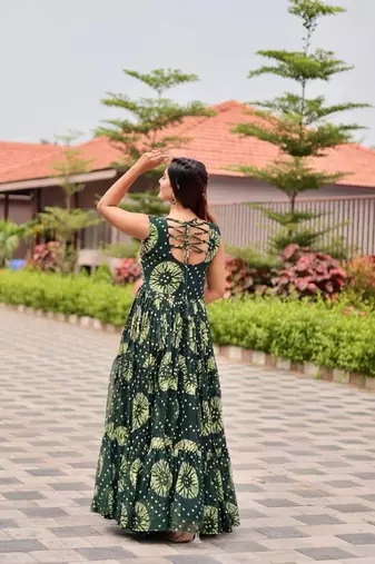 Navratri wear green georgette printed gamthi & mirror -codi lace work gown