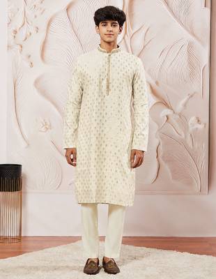 Boys cream silk blend jacquard kurta pyjama set 3