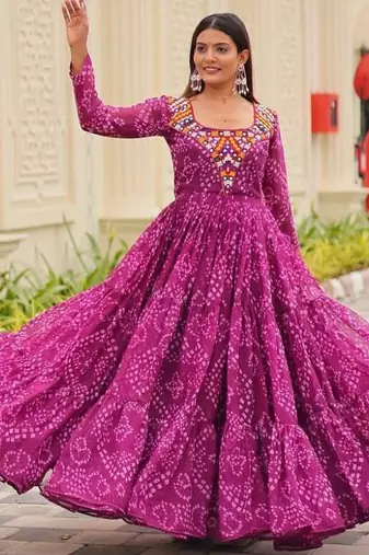 Navratri wear purple georgette bandhni printed gamthi & mirror work gown