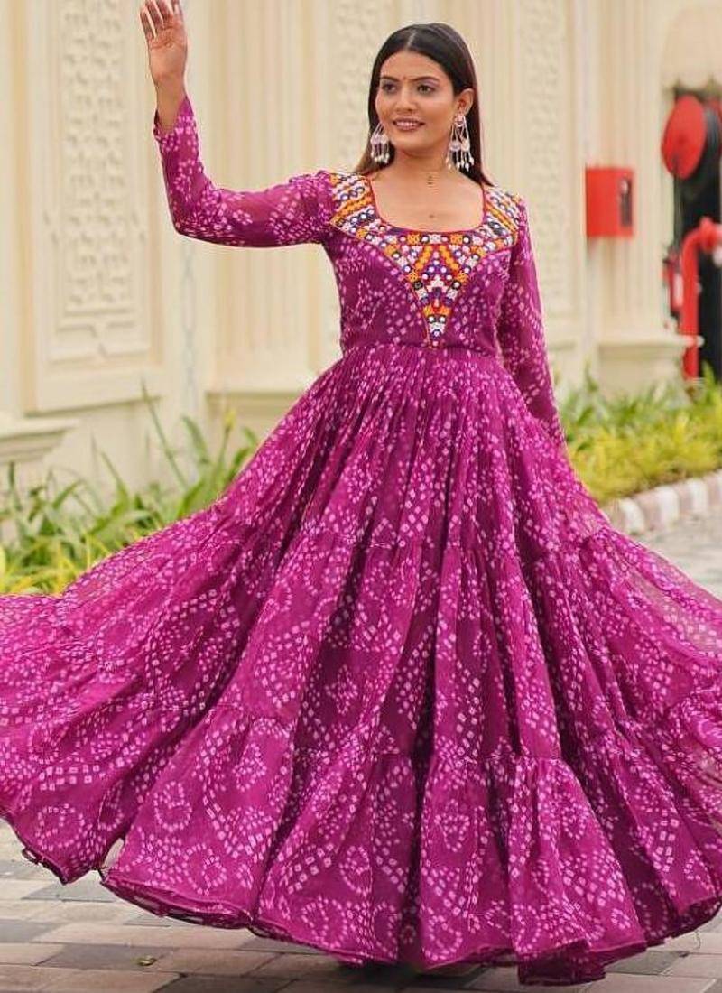 Navratri wear purple color georgette bandhni printed gamthi & mirror work gown full stitched
