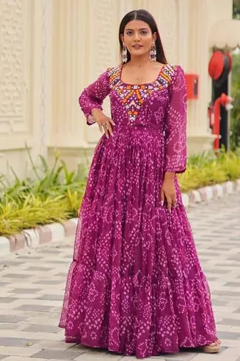 Navratri wear purple georgette bandhni printed gamthi & mirror work gown