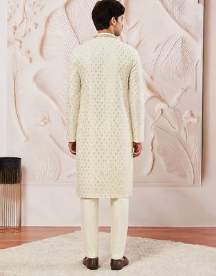 Boys cream silk blend jacquard kurta pyjama set 4