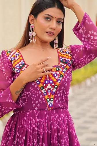 Navratri wear purple georgette bandhni printed gamthi & mirror work gown
