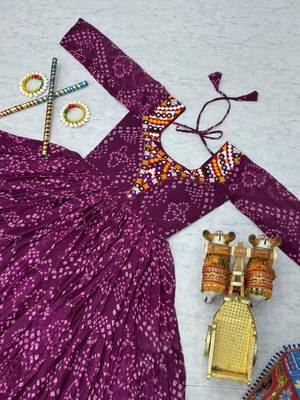 Navratri wear purple georgette bandhni printed gamthi & mirror work gown 4